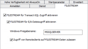 FileStream Registrierkarte im SQL Konfigurations Manager mit alle gesetzten Haken